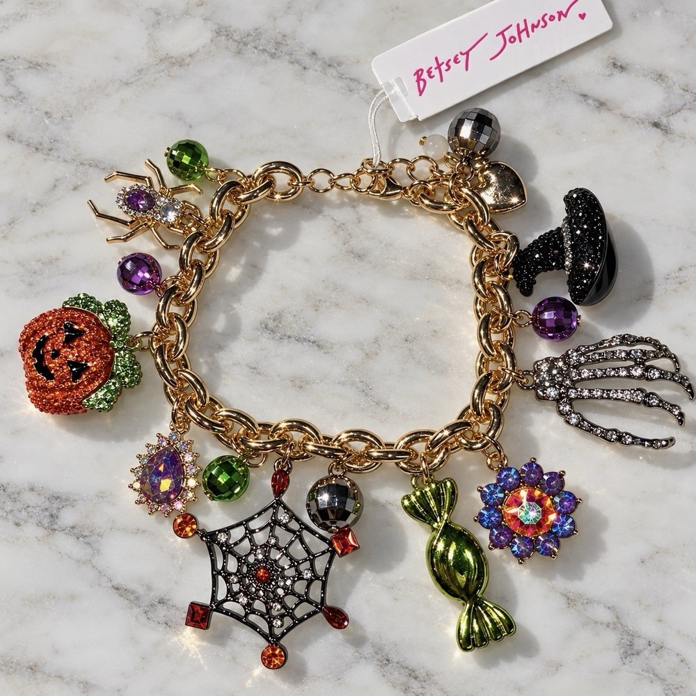 Betsey Johnson Halloween Charm Bracelet Glass Crystals Witch Hat Pumpkin NWT